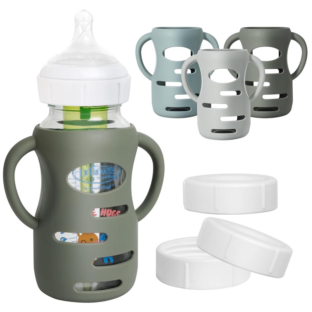 3 Pack Silicone Sleeves for Dr Brown Wide-Neck Glass Baby Bottles, Food GradeAnti Breakage Baby Bottle Holder with Handles and 3pcs Travel Bottle Caps, 9oz (1 Count (Pack of 6), Dark Green+Dark Blue+Grey)