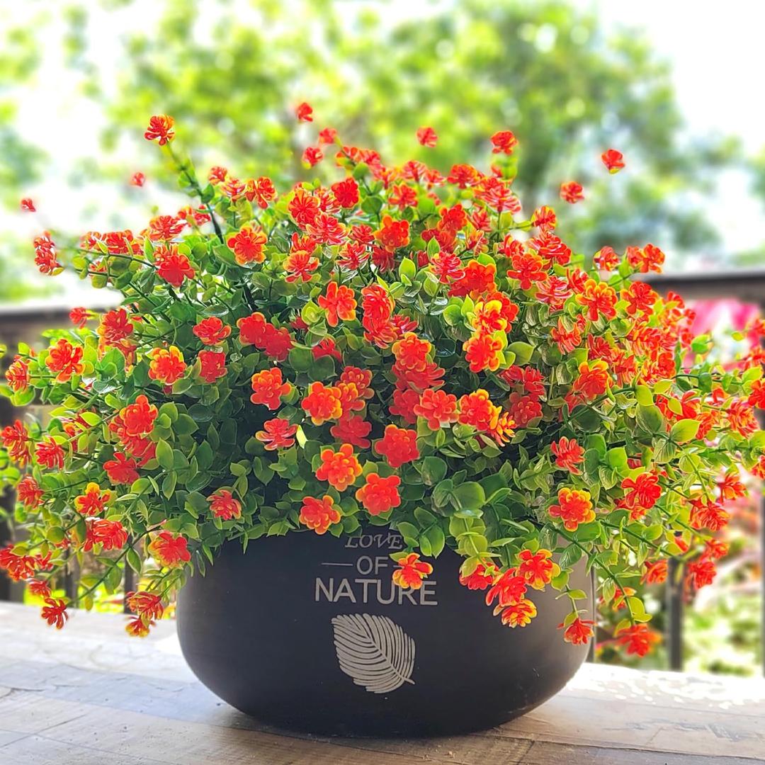 Grunyia 12 Bundles Artificial Flowers for Outdoors, UV Resistant Fake Flowers with Plastic Plants, Faux Flowers for Outside Window Box Front Porch Hanging Planter Decor(Orange Red)