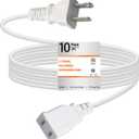 10 Feet Extension Cord White Flat Thin Flexible 2 Prong Long Polarity Power Cord 1250W 10A for Indoor Outdoor Use with Single Outlet for Holiday Lights, Lamps, Cameras, Appliance ETL Listed (1 Pack)