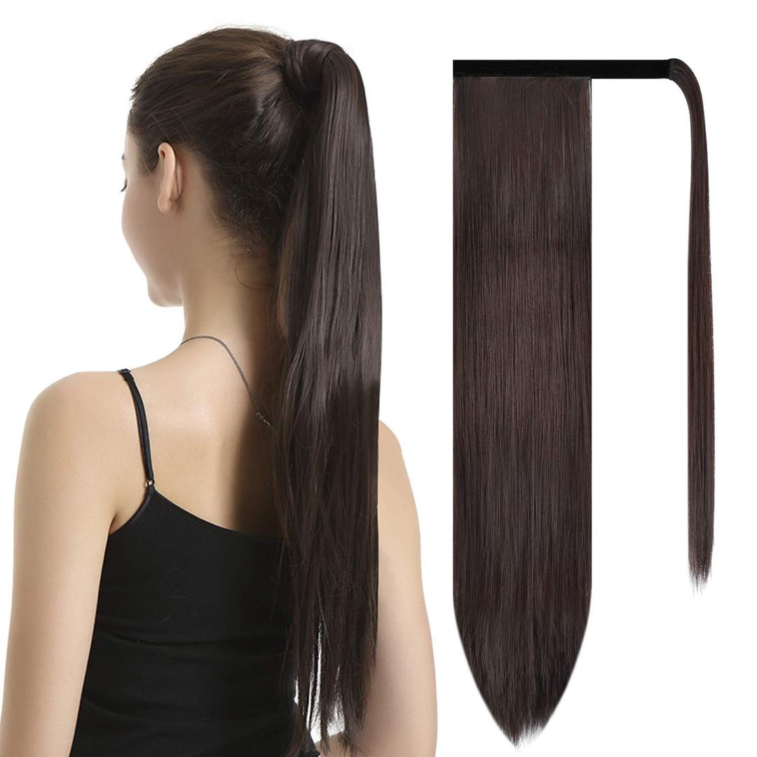 BARSDAR Dark Brown Straight Wrap Ponytail Extension - 26 Inch Long Straight Wrap Around Ponytails for Black Women, Clip in Ponytails Hair Extensions Synthetic Brown Pony Tails Hairpieces