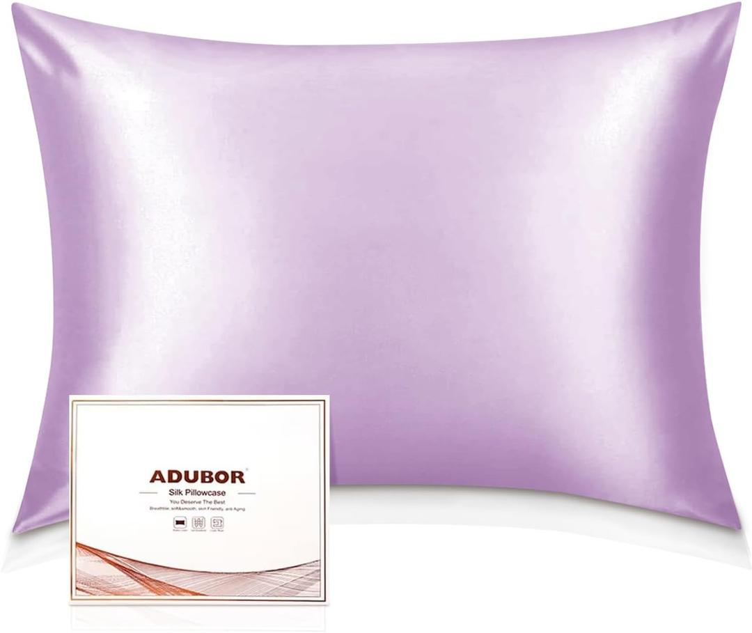 Adubor Mulberry Silk Pillowcase for Hair and Skin with Hidden Zipper, Both Side 22 Momme Silk, 900 Thread Count (20x30 inches, Queen Size, Light Purple, 1pc)