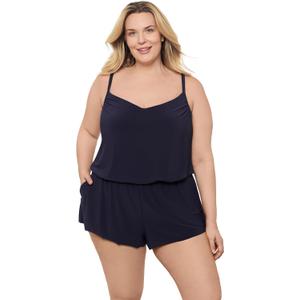 Aqua Green Women's V-Neck Blouson Slimming Swim Romper with Pocket (Blue, L)