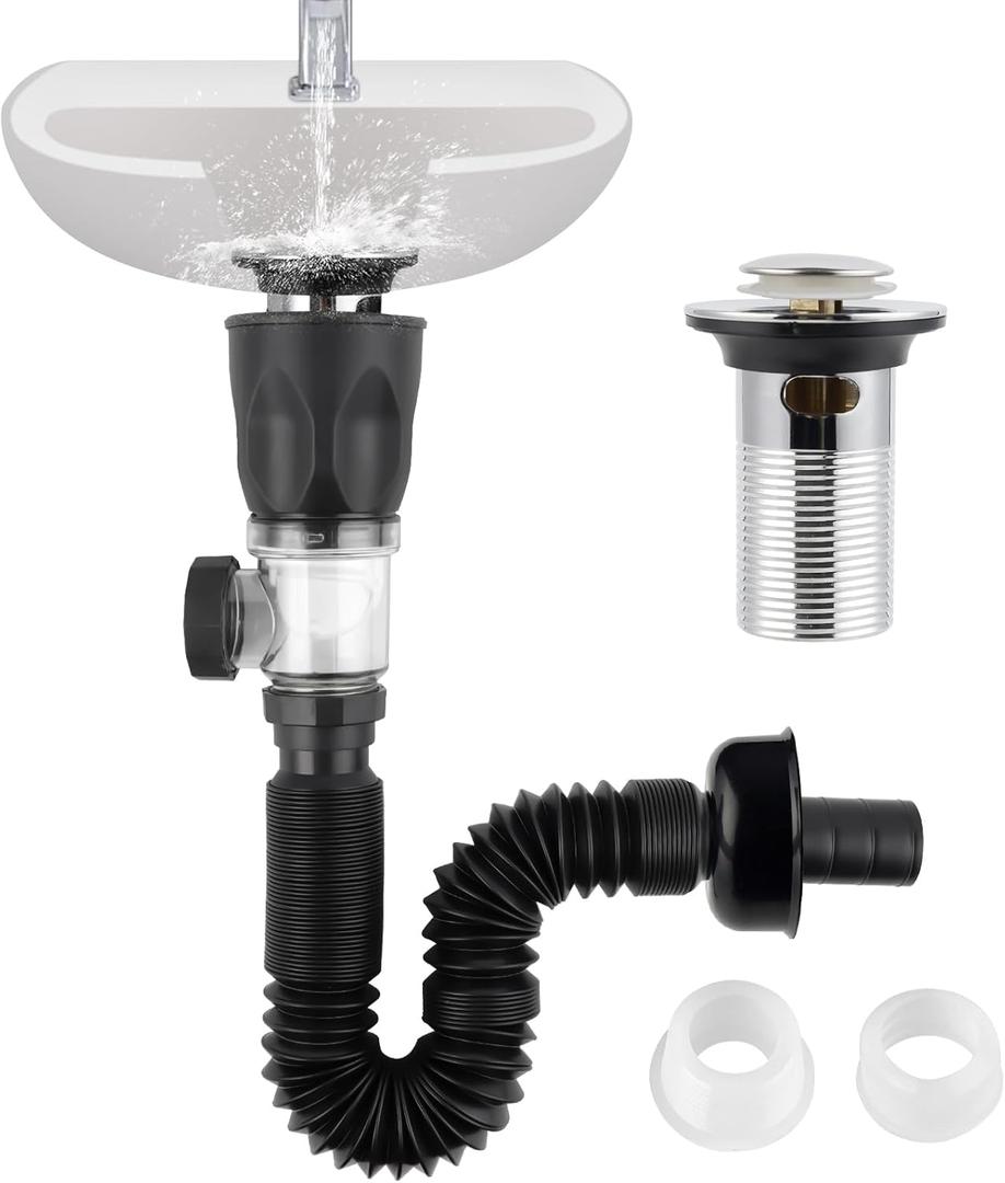 iFealClear Bathroom Sink Drain Kit, Flexible P-Trap Drain Pipe with Pop Up Stopper, Expandable Bathroom Sink Pipe Replacement with 2 Adapters, Fits 1-1/4'', 1-1/2'', 2" Holes, Hair Catcher, Chrome