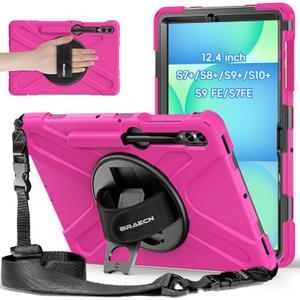 BRAECNstock Case for Samsung Galaxy Tab S10+ Plus/S9 Plus/S9 FE+/S8 Plus/S7 Plus /S7 FE 5G 12.4", Heavy Duty Shockproof Cover with Pen Holder, 360° Rotating Hand Strap & Stand, Shoulder Strap, Rose