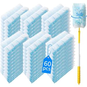 Senowi 60 Count 360 Heavy Duty Duster Refills Compatible with Swiffer, Large Size-Extra Thick Disposable Electrostatic Duster Refill with 1 Retractable Handle(35-inch Length Fully expanded) (Blue)