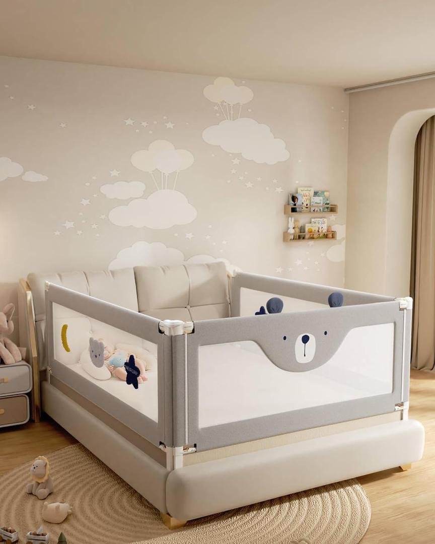 3 Piece Bed Rails for King Size Bed, No-Drill Needed Baby Bed Rail Guard for Toddlers with Height Adjustable, Thickened Child Safety Side Railing Guards/Bedrail for Kids, Little Bear Grey, 74.8x78.7x78.7in