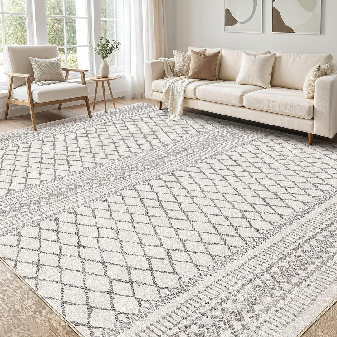 cotiled 9x12 Area Rug Living Room: Washable Boho Rugs with Non Slip Backing Large Soft Indoor Stain Resistant Carpet for Bedroom Farmhouse Dining Room Lightweight Home Decor Beige/Gray