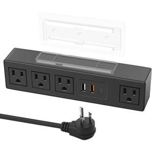 HHSOET Under Desk Power Strip with 3M Adhesive, Removable Under Desktop Mount Plug with Fast Charging USB C and USB A Ports, 4 Outlet Under Table Surge Protector 1200J, 6FT Extension Cord. (Black)
