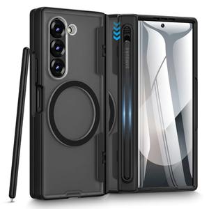 Caka for Samsung Galaxy Z Fold 6 Case [Thinner S Pen Holder Slot] [Magnetic Charging] [Hinge Protection] [Built-in Screen Protector] Translucent Hard Shockproof Magnet Phone Cover for Zfold 6 - Black