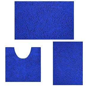 Bathroom Rugs Sets 3 Piece Chenille Bath Rug Non-Slip Bath Mats with Soft Plush PVC Backing Water Absorbent Carpet 1'' Quick Dry Microfiber Toilet Mat, Royal Blue