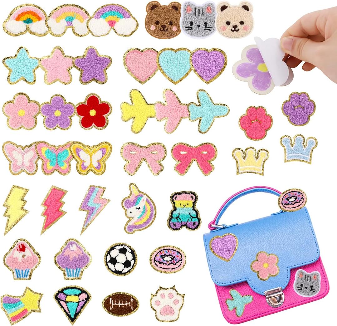 Jspupifip 40 Pcs Chenille Embroidered Patches, Self Adhesive Glitter Patches Flowers Stars Hearts Rainbows Butterflies Cat Paws Diamonds Lightning Fabric Stickers for Clothes Repair Decor Accessories