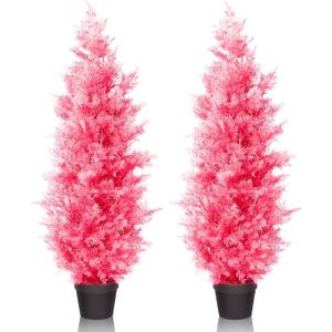 Artificial Cedar Tree 2Pack 4ft Outdoor Artificial Topiary Cedar Plants Fake Tree UV Rated Potted Plants for Porch Decor Faux Pine Tree for Perfect Housewarming Gift, Pink