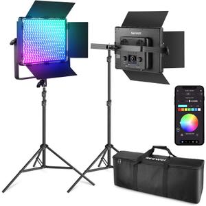 NEEWER 2 Pack PL60C RGB LED Panel Video Light Kit with 6.6ft/2m Spring Cushioned Tripod Stands/Bag, APP/2.4G/DMX Control, 60W 2500-10000K Pro Photography Studio Recording Streaming Key Lighting