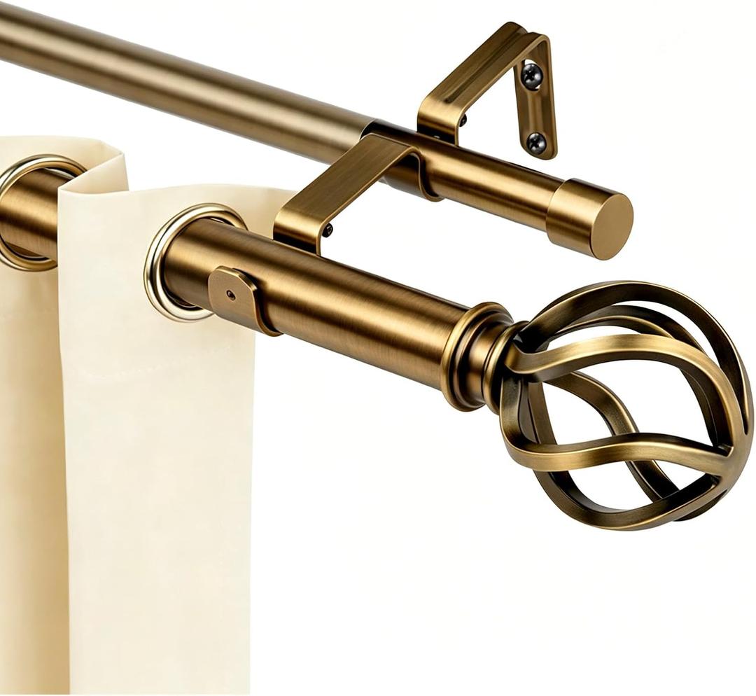 Brass Double Curtain Rods, Heavy Duty Decorative Drapery Rod 36-72 Inches, Telescoping Drapery Rod with Twisted Cage Finials