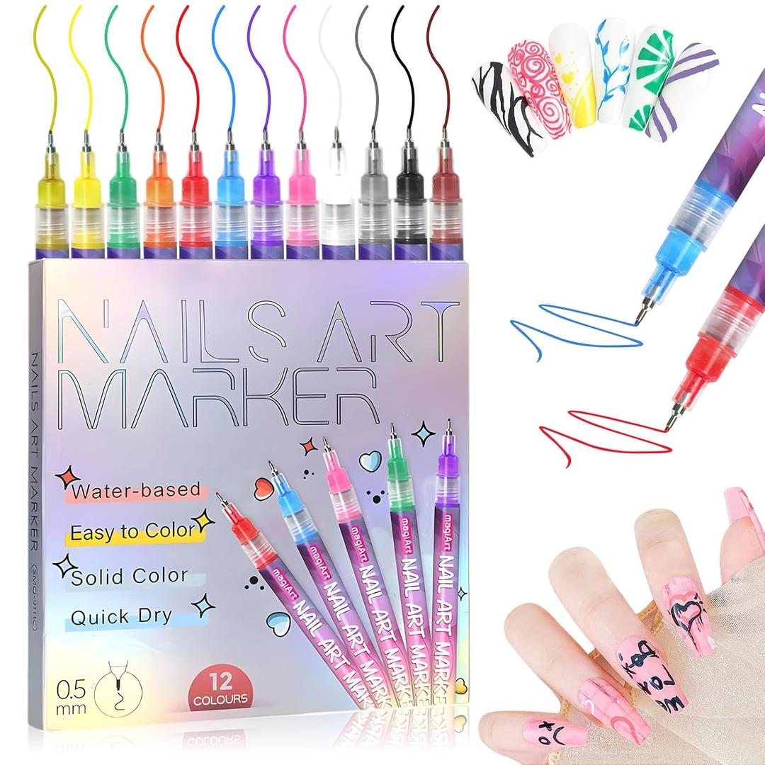 12 Colors Nail Art Pens Set,Nail Art Markers for Gel Nails,2025 DIY Nail Art Marker Drawing Painting Liner Pen,0.5 MM Nail Polish Pens Set,Nail Doodle Pens,Quickly Dry Nail Art DIY Decoration