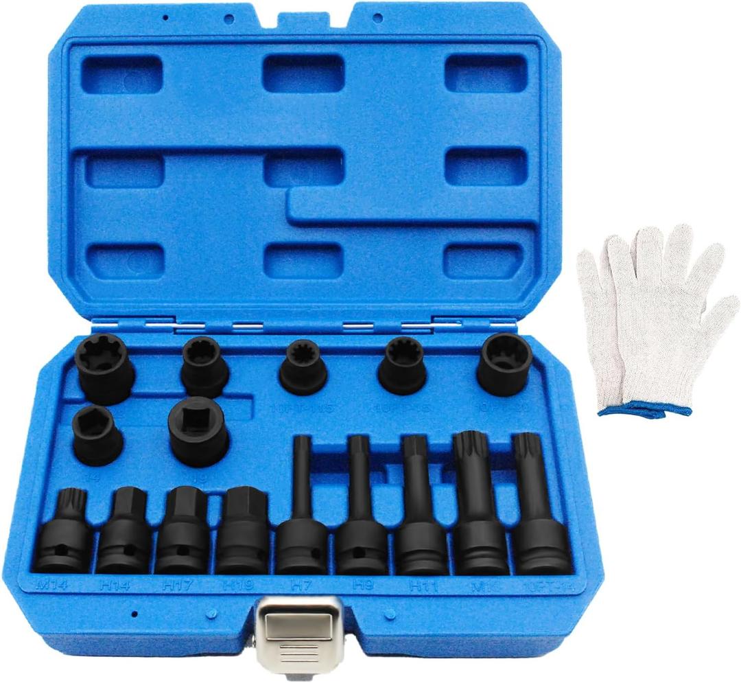 16PCS Impact Brake Caliper Socket Set, 1/2" Square Drive Brake Caliper Tool, High Torque 1/2" Drive Brake Adjusting Tool, Compatible with Porsche VW BMW Ford with Carrying Case & Gloves