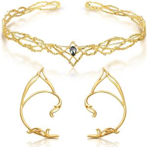 Kacctyen Halloween Fairy Leaf Headband Elf Ear Cuffs Elf Crown Cosplay Accessories for Women Halloween Pageant Wedding Prom (Gold)