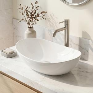 KES 20" x 13" Oval Vessel Sink for Bathroom Vanity Countertop, Glossy White Ceramic Bathroom Sink Bowl Above Counter, Boat Shape, Modern Look, Crafted to Endure, BVS139
