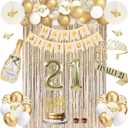 21st Birthday Decorations for Her, Champagne Gold Happy 21st Birthday Decorations for Girls, 21 Sash and Crown, Banner, Fringe Curtains, Hanging Paper Fans, 21 Year Old Party Supplies Set