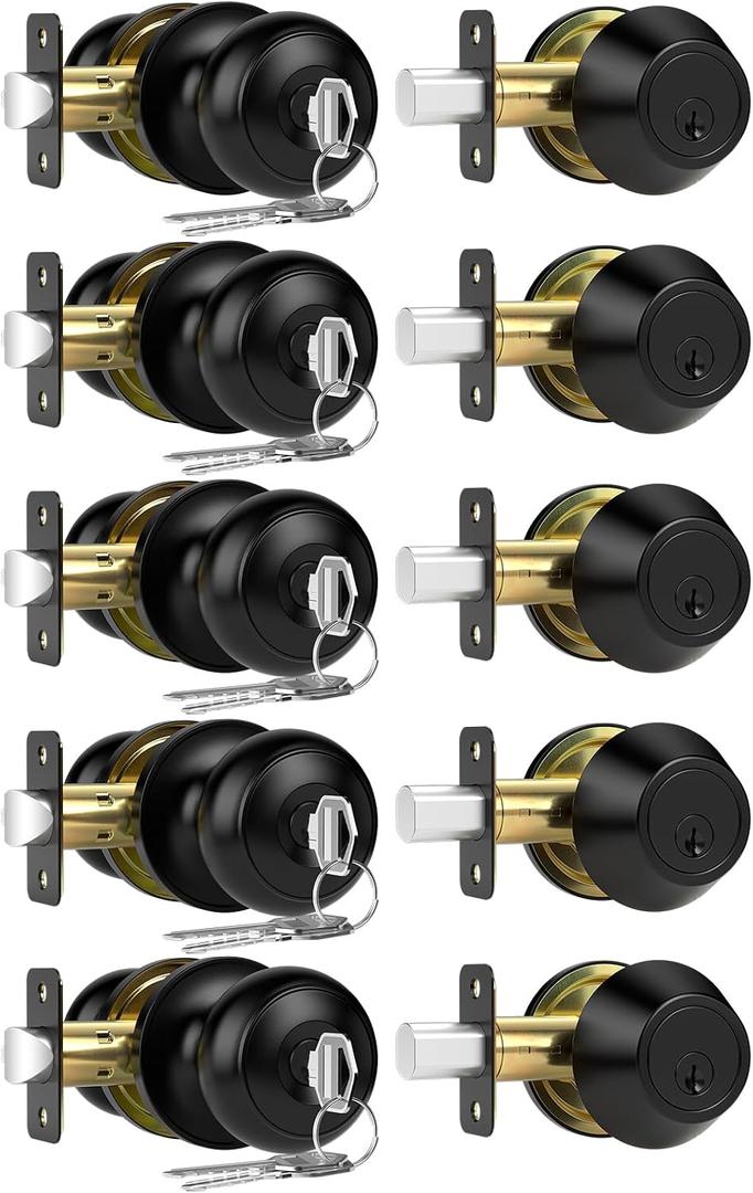 5 Pack Exterior Door Lock Set, Keyed Alike Entry Door Knob and Single Cylinder Deadbolt Lock Combo Set, Matte Black Door Knobs with Lock and Keys, Locksets for Front,Entrance,Back,Garage Door