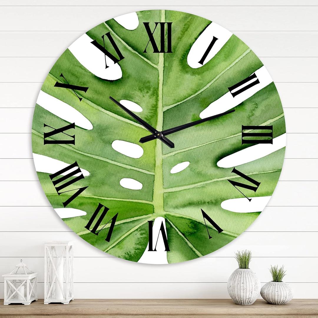 Green Monstera Leaf Tropical Palm  Tropical Metal Wall Clock 29" x 29"  Analog Decorative Floral & Botanical Wall Clock for Bedroom Dcor