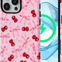 EWAIDI Magnetic Case for iPhone 16 Pro, Cute Pink Bow Cherry Print Aesthetic Trendy Pattern, Soft TPU Hard PC Case, with MagSafe for Women Girls-Cherry