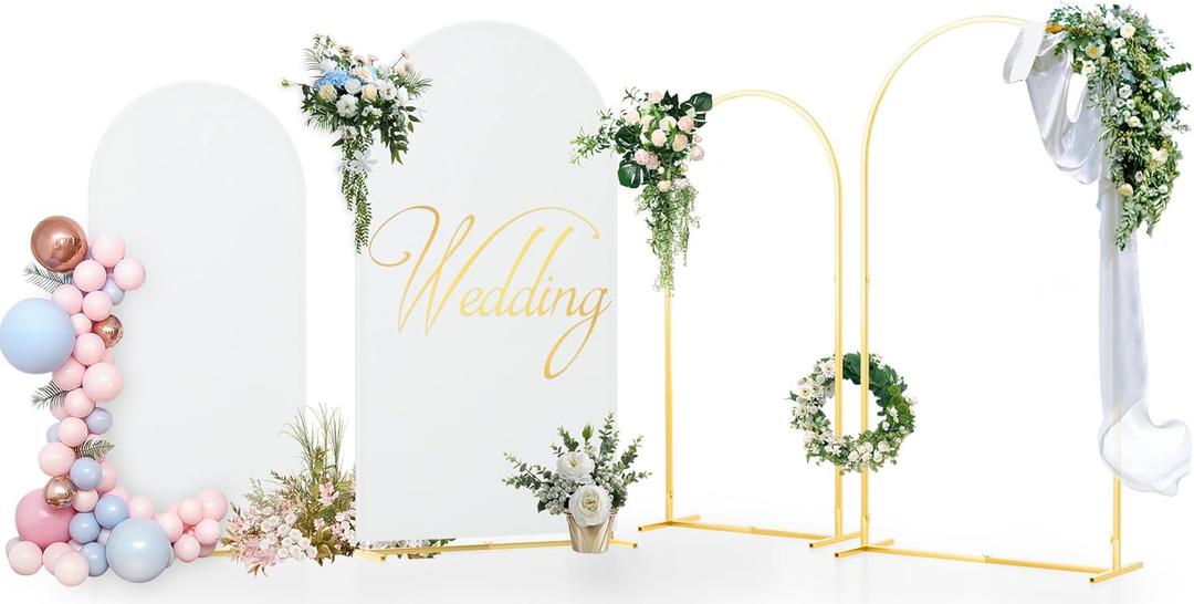 Wedding Arch Backdrop Stand Set of 2 (7.2FT & 6.6FT) with 2 White Spandex Fitted Arch Cover,Metal Arch Backdrop Stand and Cover Set for Birthday Party Baby Shower Anniversary Graduation Decoration