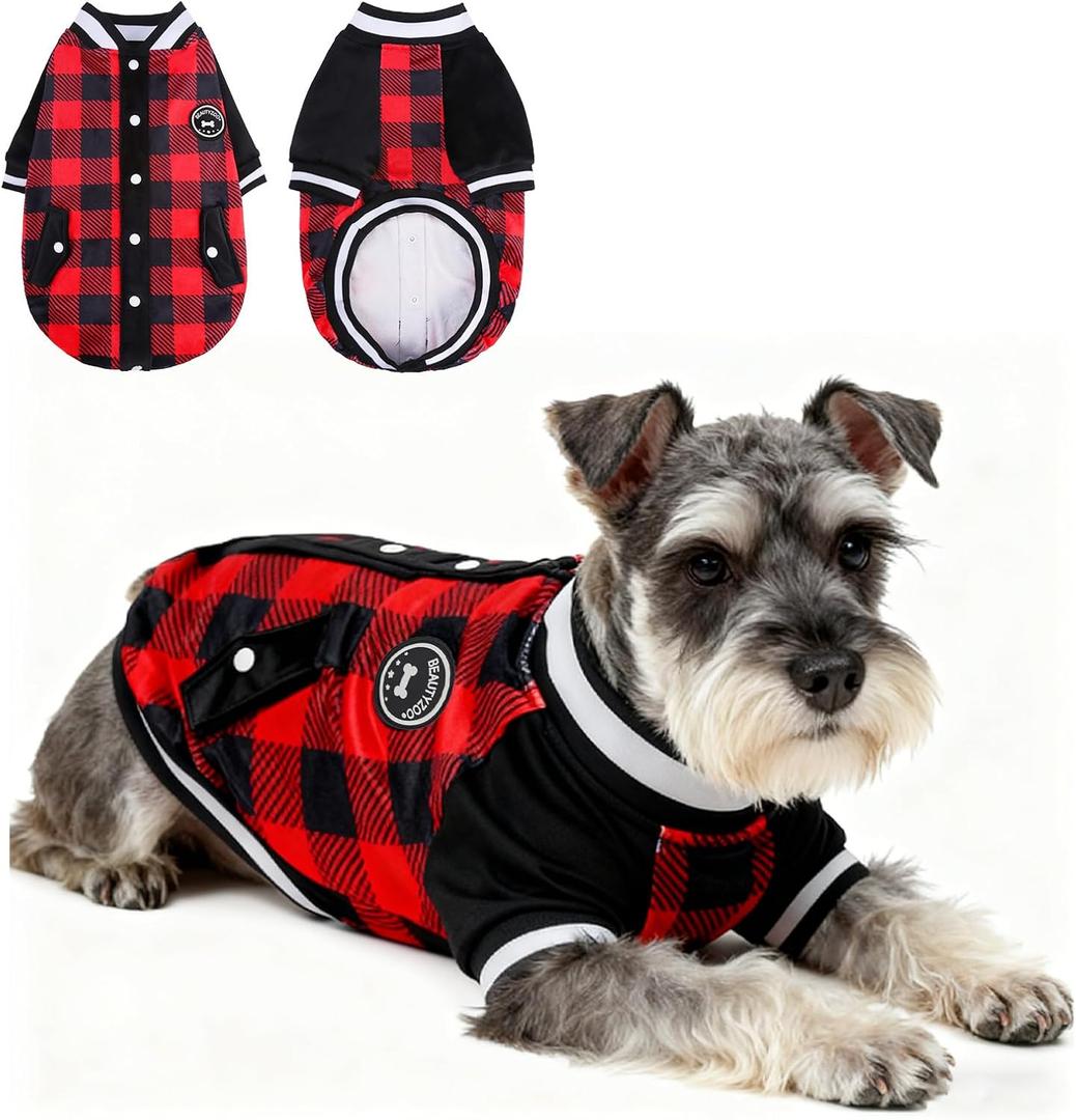 BEAUTYZOO Dog Sweaters for Small Medium Large Dogs, Dog Hoodie Warm Fleece Dogs Winter Clothes Cute Stylish Boy & Girl Dog Sweatshirts, Red Sport Coats Baseball Uniform Jackets for Puppy, SM (S/M (Back: 14",Chest: 19"))