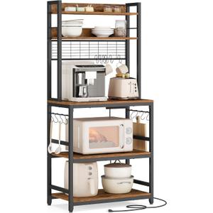 VASAGLE Bakers Rack with Power Outlet, Microwave Stand, Kitchen Tall Utility Storage Shelf, with Metal Wire Panel, 14 Hooks, 15.7 x 23.6 x 66.9 Inches, Rustic Brown and Ink Black UKKS037B01