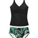 Girls Swimsuits Size 8-10 Two Piece Bathing Suit for Girls Halterneck Lace-up Criss Cross Ruched Tropical Print Slimming Tankini Girl Swimwear Black  9-10Y