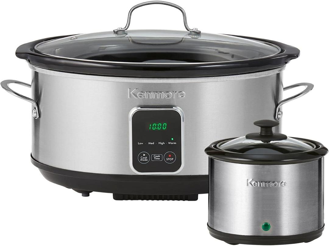 Kenmore Programmable 7 qt (6.6L) Slow Cooker with Dipper Sauce-Warmer, Black and Silver, Stainless Steel, Digital Display, One-Touch Controls, Braise, Simmer, Sous Vide, Stew, Soup, Chili, Curry, 7 Quarts
