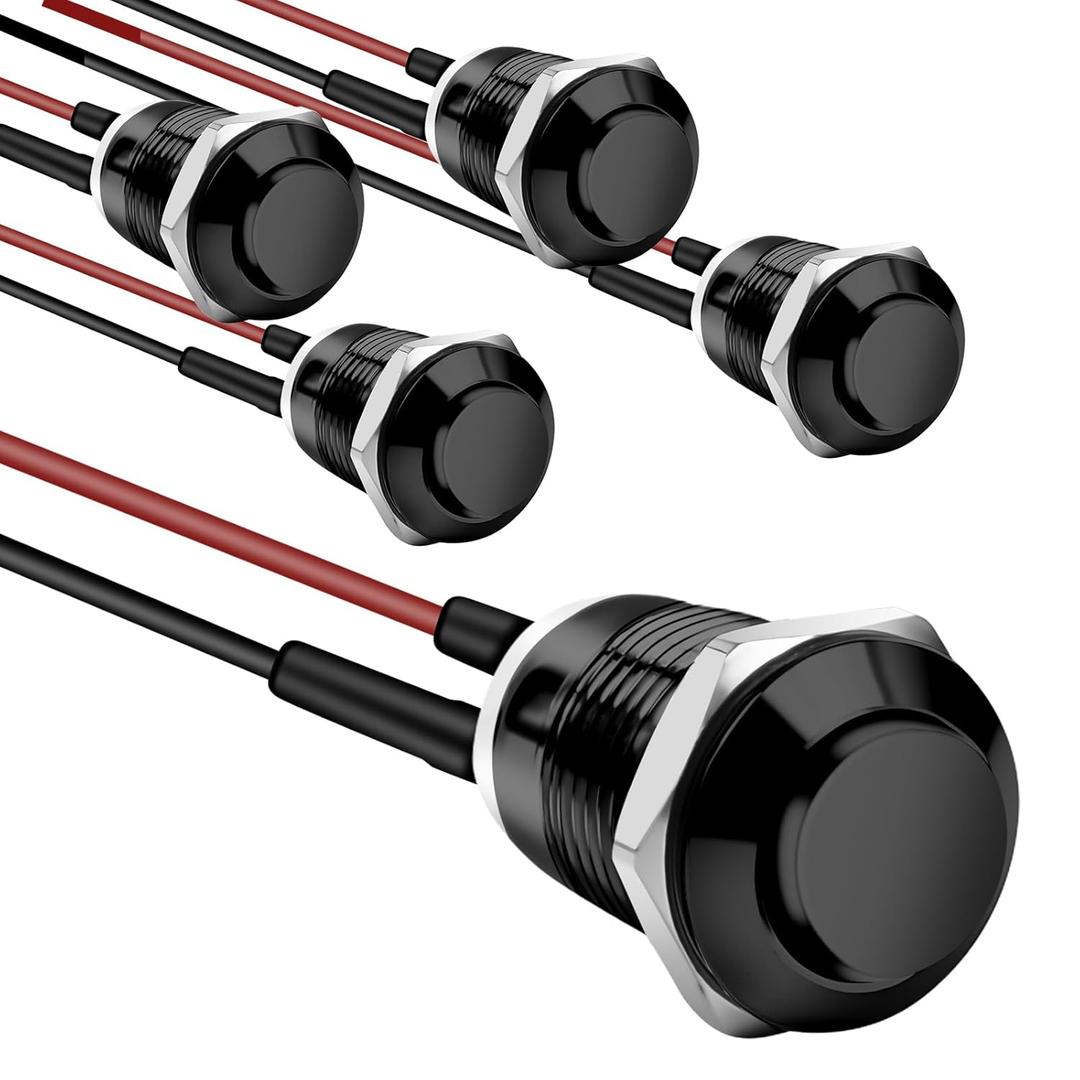 5 Pcs Black Momentary Push Button Switch with Stainless Steel and Aluminum Alloys Witch, IP66 Protection, IK09 Vandal Resistance Design,2A 12V/24V/125V/250V AC, 100K Cycles, Pre-Wired Cables