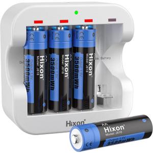 Hixon AA Rechargeable Batteries with Charger, 3500mWh High-Capacity, Constant 1.5V, 1600Cycle, Max 3A Current (4AA+1Charger)