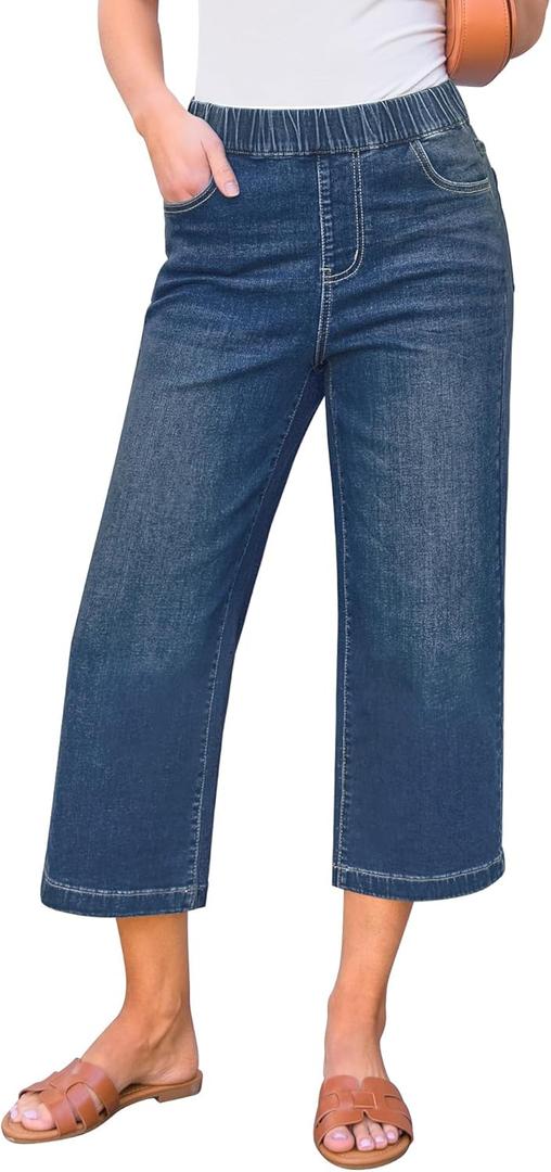 GRAPENT Capri Jeans for Women Wide Leg High Waisted Effortless Flow Pull On Stretchy Denim Elastic Waist Pants with Pockets XXL