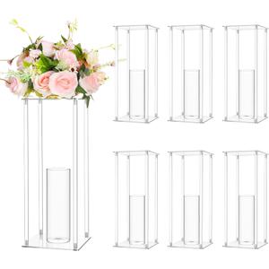 Sieral 6 Sets 20'' Tall Clear Acrylic Flower Vase Wedding Centerpieces Flowers Stand with Glass Candle Holders Cylinder Vases, Clear Flower Vases for Table Centerpiece Wedding Home Decor