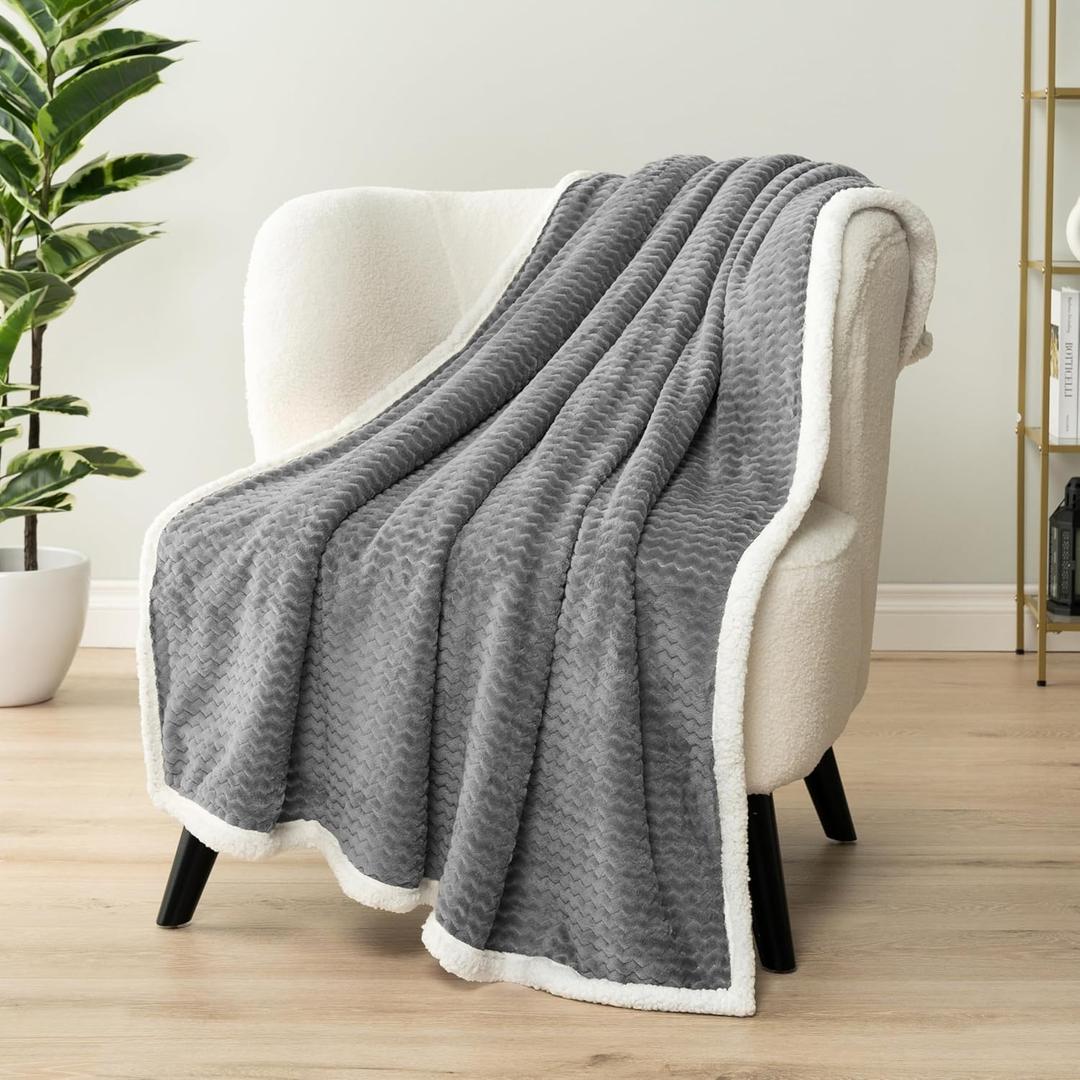 PAVILIA Dark Gray Twin Bed Blanket Reversible Sherpa Chevron, Soft Cozy Jacquard Weave Textured Throw Sofa Couch, Thick Warm Large Fleece Car Blanket, Decorative Plush Home Decor Gift, 60x80 Dark Grey