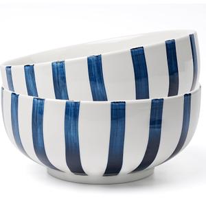 Salad Bowl,Serving Bowls,Soup Bowls, Large Serving Bowl Set of 2,Blue-Striped Ceramic Bowls Serving Dishes for Entertaining,Dishwasher & Microwave Safe.