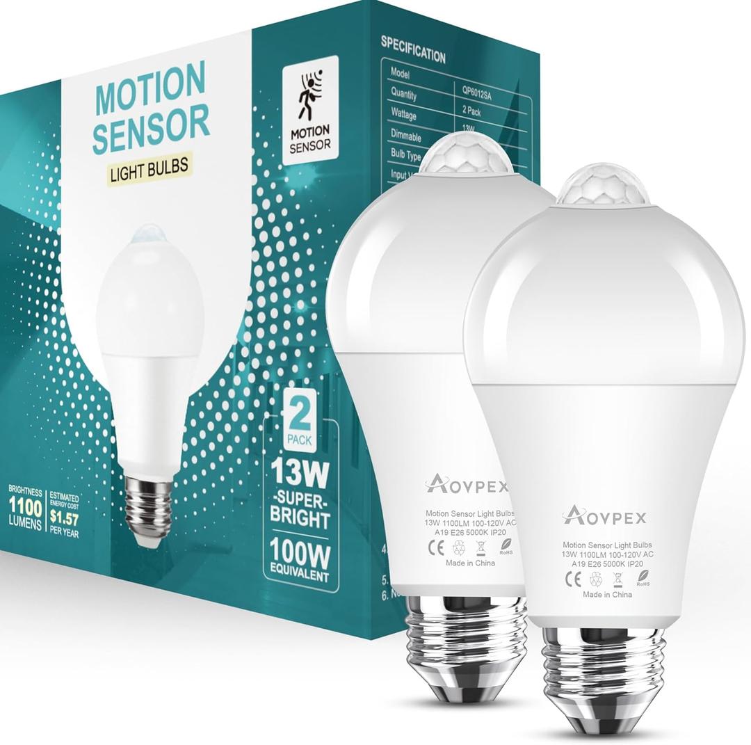 Motion Sensor Light Bulbs, Dusk to Dawn, 13W 100W Equivalent, Movement Activated Security LED Bulb, 5000K Cool White, for Outdoor Indoor, Porch Garage Basement Hallway Closet, 2 Pack