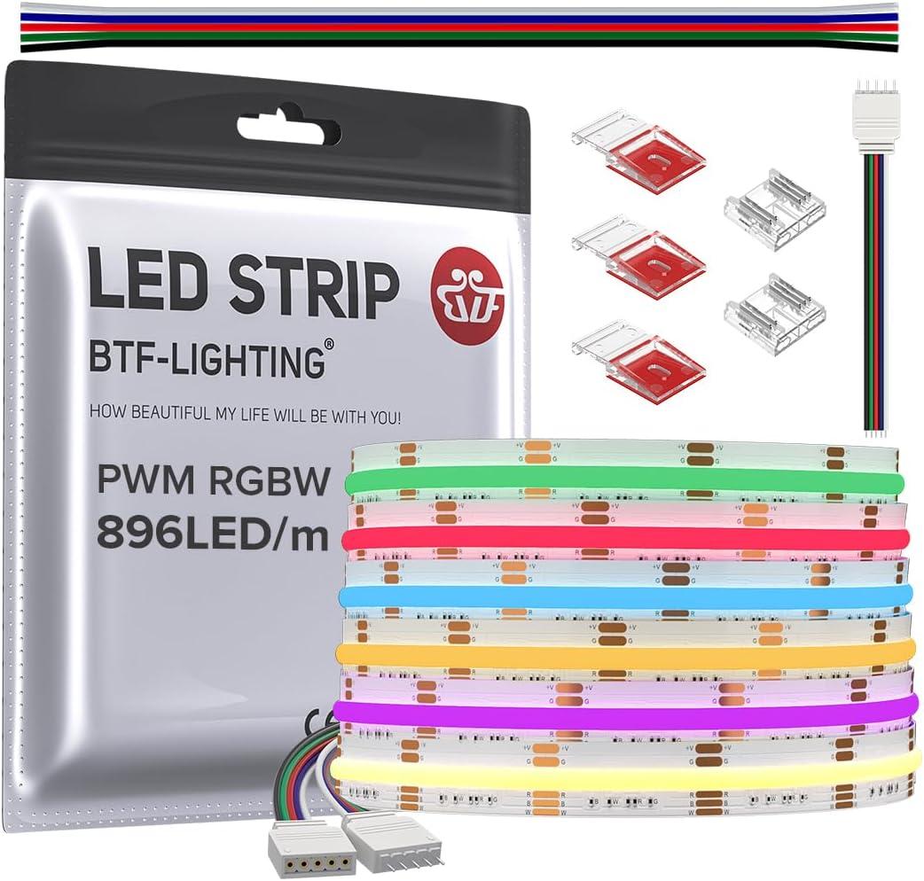 BTF-LIGHTING FCOB COB LED Strip RGBW 3000K 896LED/m 16.4FT DC24V Color Changing Flexible High Density Uniform Light 12mm Width for Home Indoor Decoration(No Adapter or Controller)