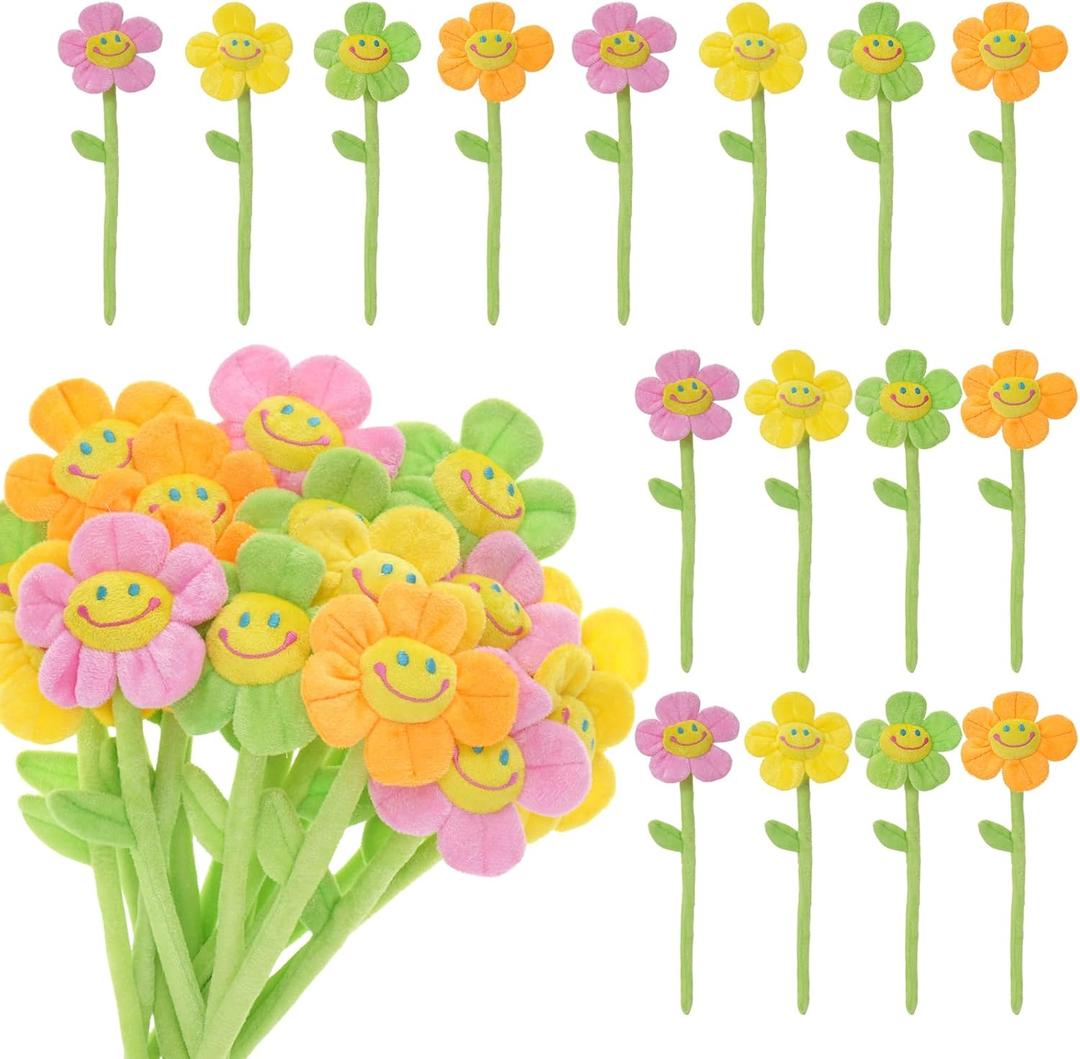 16 Pack Pastel Plush Flowers with Bendable Stems, Stuffed Sunflower Bouquet Toy with Smiley Face, 12 Inch Soft Artificial Flower for Curtain Tiebacks, Nursery Room Decor