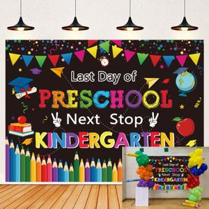 Preschool Graduation Backdrop Next Stop Kindergarten Photography Background Last Day of Preschool Banner for Class of 2025 Preschool Graduation Party Decorations Supplies (Black, 8X6FT(96 x 72 inch))