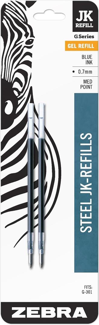 Zebra Pen G-301 Stainless Steel Pen JK-Refill, Med Point, 0.7mm, Blue Ink, 2-Count