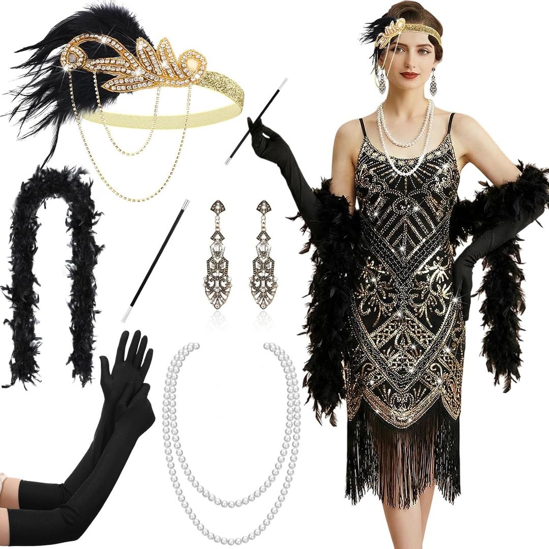 Shinymoon 1920s Flapper Costume for Women Flapper Dress Roaring 20s Costume Headband Necklace Sequins Fringe Set for Outfit (Large, Black Gold)