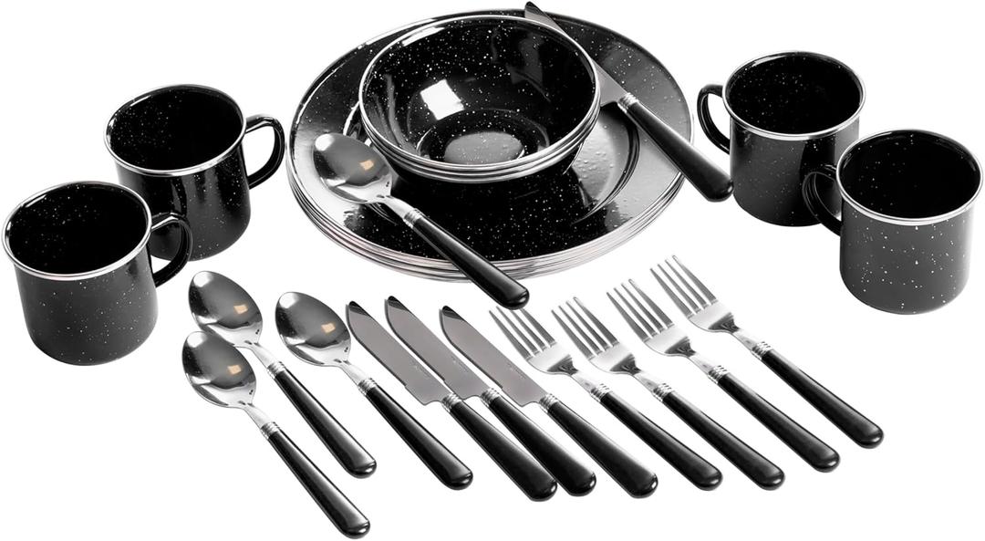 Stansport 24-Piece Enamel Camping Tableware Set (Black)