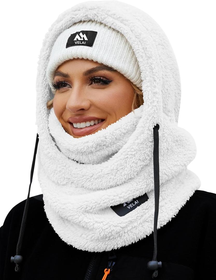 Balaclava Fleece Ski Mask for Men Women Winter Face Masks Windproof Hooded Scarf Cold Weather Hat Neck Warmer (White)