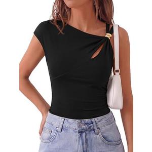 PRETTYGARDEN Womens Summer Tops 2026 One Shoulder Buckle Cut Out Asymmetrical Y2K T-Shirts Knit Spring Going Out Shirts size XL