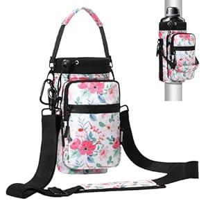Nuovoware Magnetic Gym Bag Water Bottle Carrier Holder with Adjustable Shoulder Strap, 40oz Magnets Magnetic Gym Bag Bottle Pouch Sling, 2 Pocket Sling Neoprene Organizer Sleeve, Floral Pink