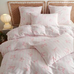 Bow Duvet Cover Full Size Pink Striped Bowknot Bedding Set Kids Girls Cute Bows Vertical Stripes Soft Breathable Microfiber Comforter Cover Set with Zipper Closure and 2 Pillowcases