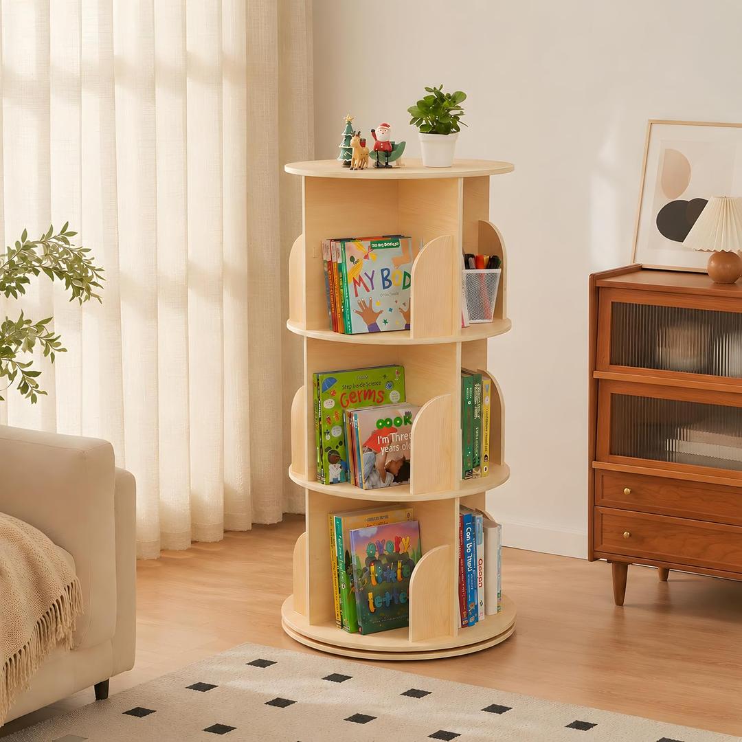 Kids Rotating Bookshelf, 360° Display 3 Tier Bookcase Storage
