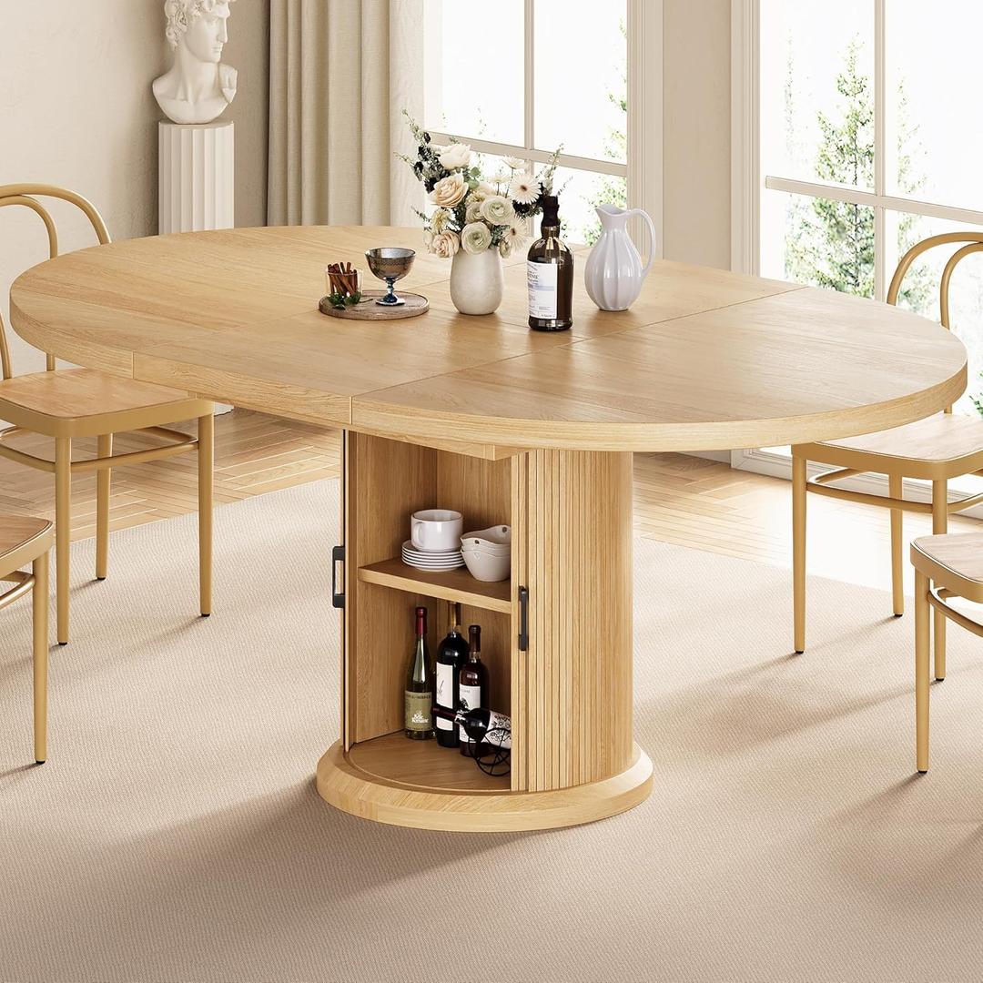 4763 Extendable Round Dining Table for 48 with Dust-Proof 2-Tier Storage Shelf Space-Saving Expandable Dining Room Table Wood Oval Circle Dining Table with Pedestal Base (Natural)
